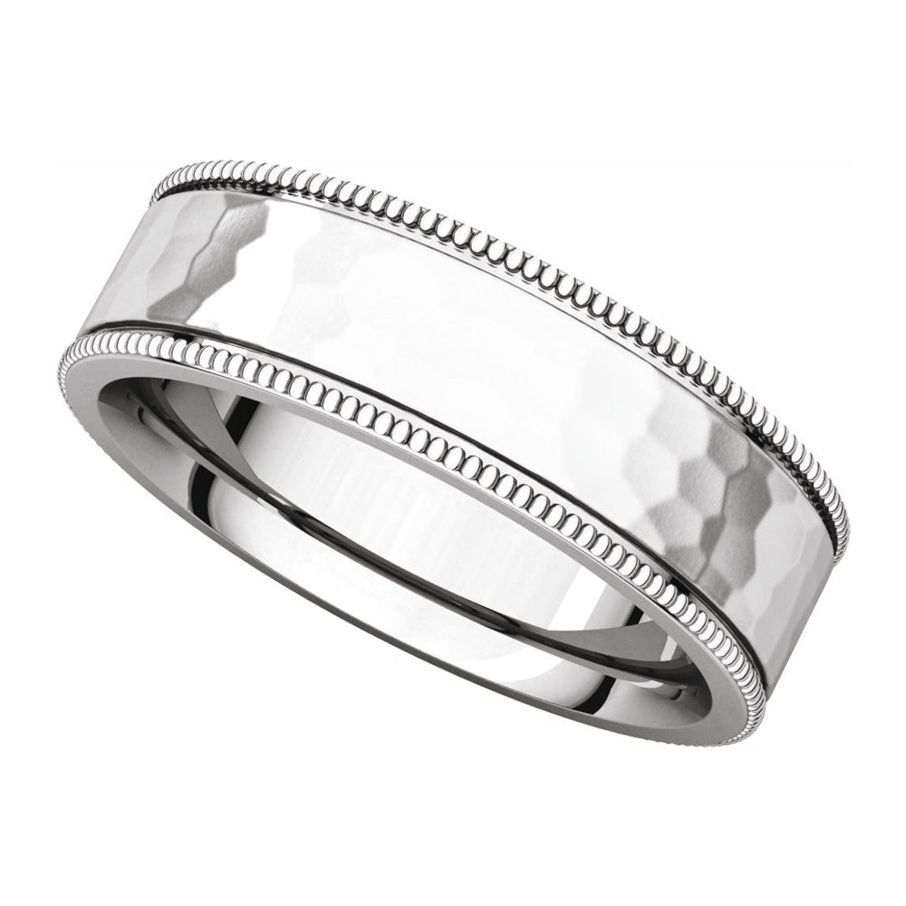 Alternate view of the 6mm Platinum Milgrain Hammered Flat Comfort Fit Band by The Black Bow Jewelry Co.
