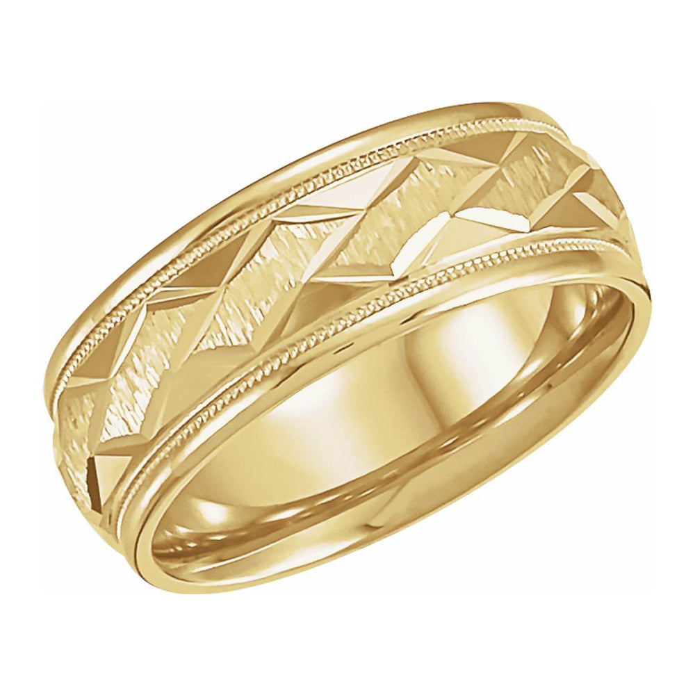 7mm 14K Yellow Gold Carved Design Comfort Fit Band, Item R11675 by The Black Bow Jewelry Co.