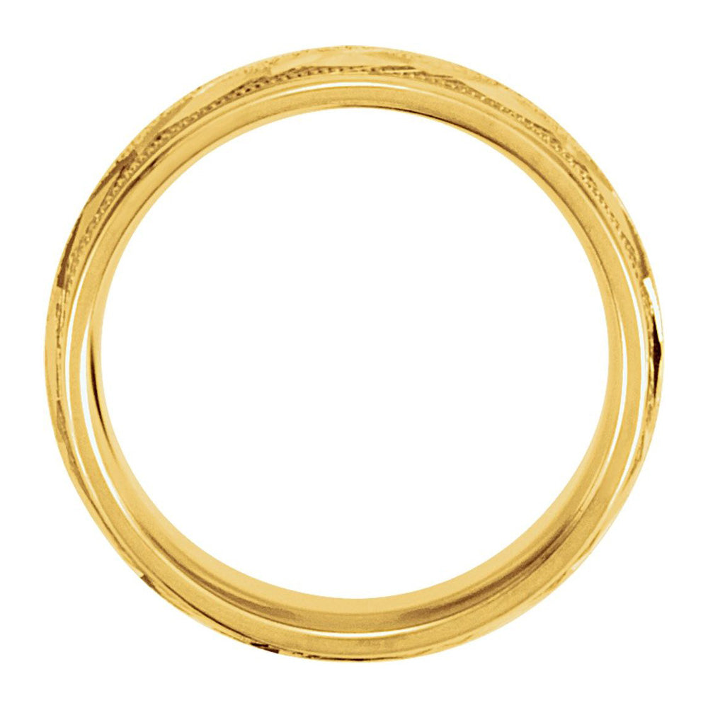 Alternate view of the 7mm 14K Yellow Gold Carved Design Comfort Fit Band by The Black Bow Jewelry Co.
