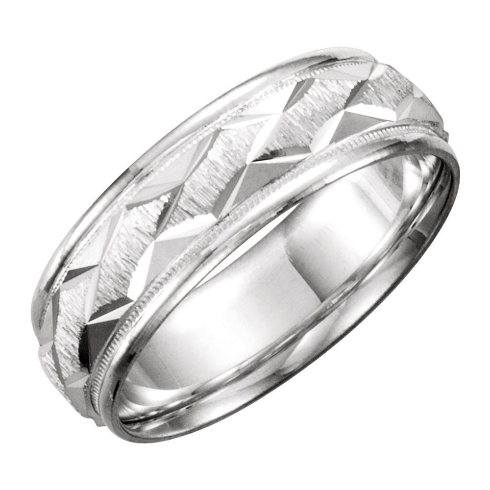 7mm 14K White Gold Carved Design Comfort Fit Band, Item R11676 by The Black Bow Jewelry Co.