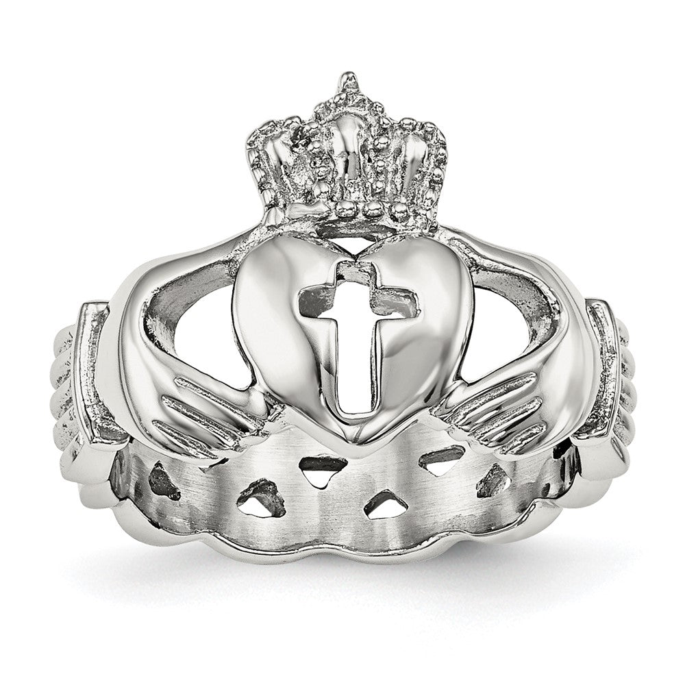 Stainless Steel Polished Claddagh Cross Standard Fit Ring, Item R11712 by The Black Bow Jewelry Co.