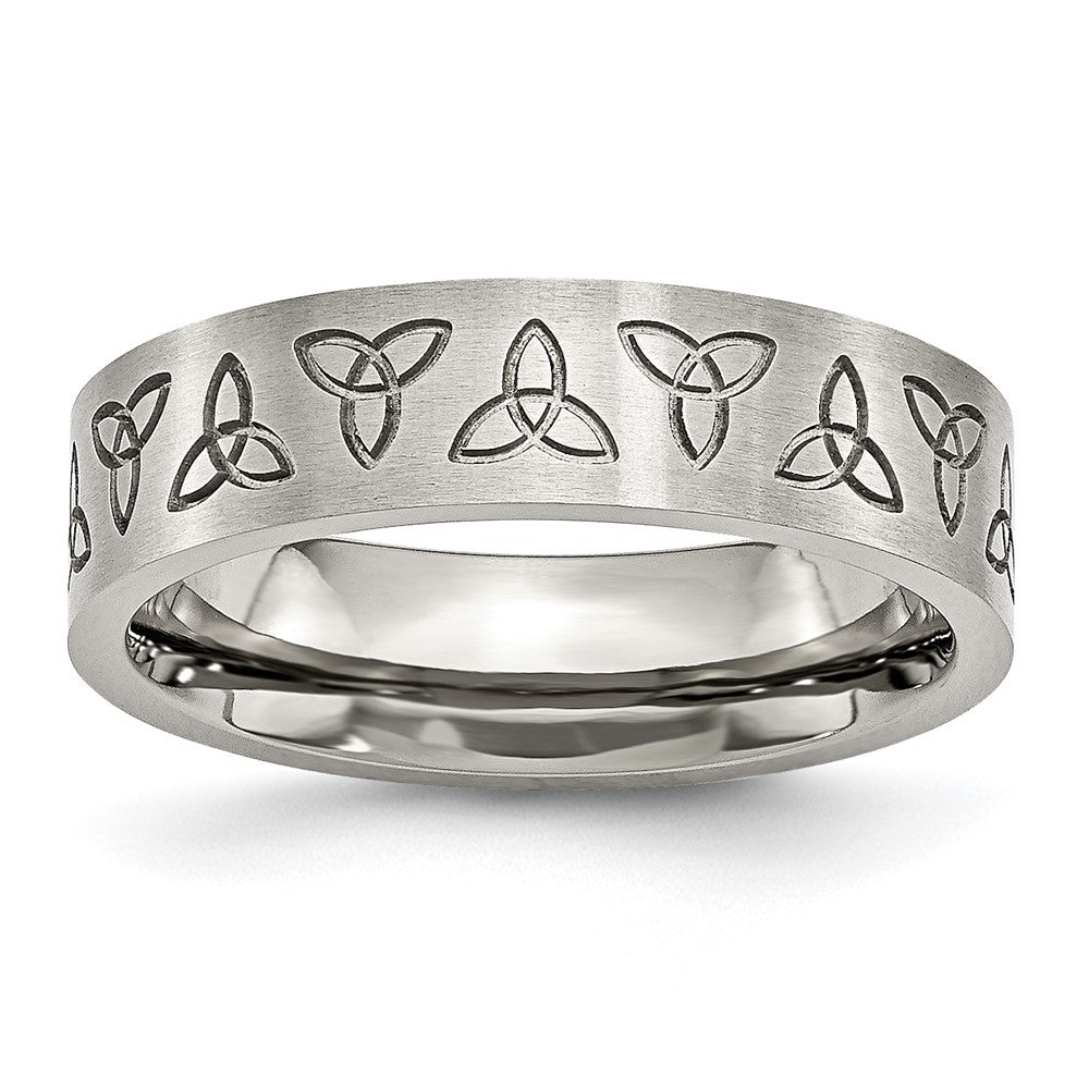 6mm Stainless Steel Brushed Trinity Symbol Standard Fit Band, Item R11713 by The Black Bow Jewelry Co.