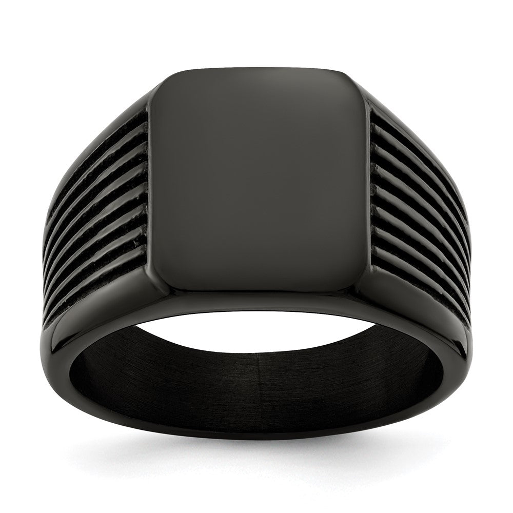 Men's 13mm Black Plated Stainless Steel Grooved Tapered Signet Ring, Item R11720 by The Black Bow Jewelry Co.