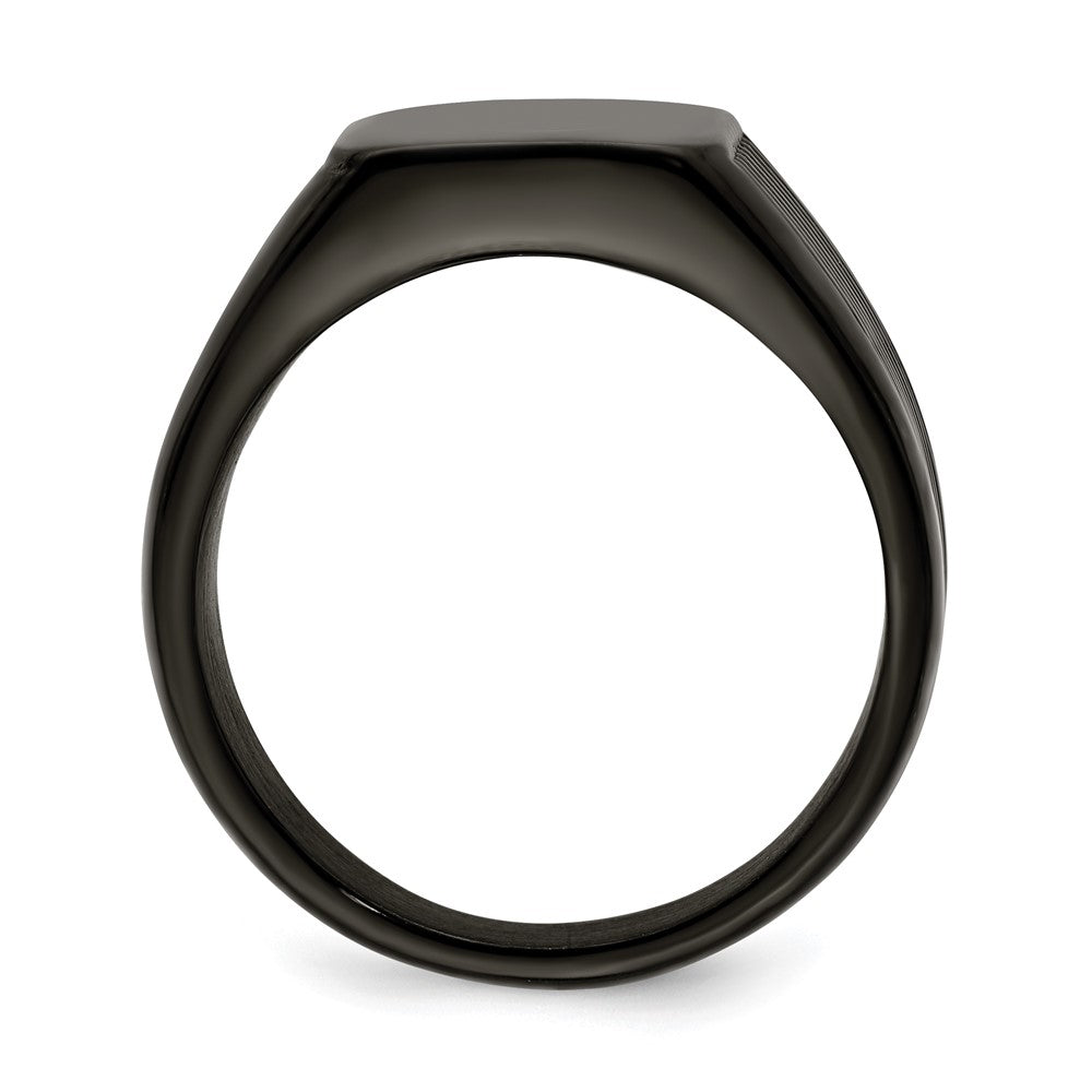 Alternate view of the Men's 13mm Black Plated Stainless Steel Grooved Tapered Signet Ring by The Black Bow Jewelry Co.