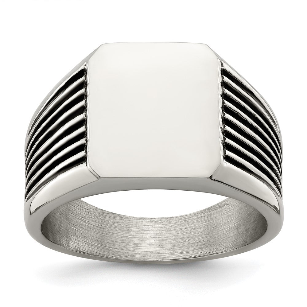 Men's 13mm Stainless Steel & Black Enamel Grooved Tapered Signet Ring, Item R11721 by The Black Bow Jewelry Co.