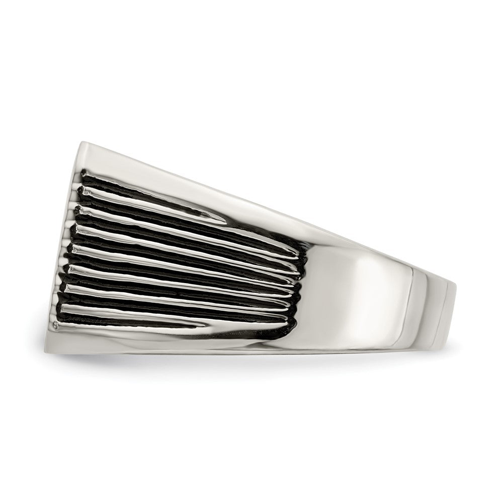 Alternate view of the Men's 13mm Stainless Steel & Black Enamel Grooved Tapered Signet Ring by The Black Bow Jewelry Co.