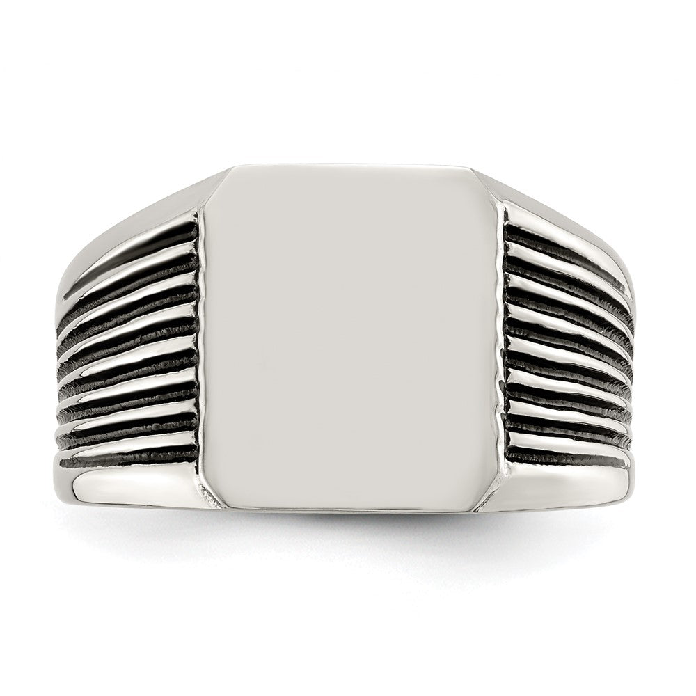 Alternate view of the Men's 13mm Stainless Steel & Black Enamel Grooved Tapered Signet Ring by The Black Bow Jewelry Co.