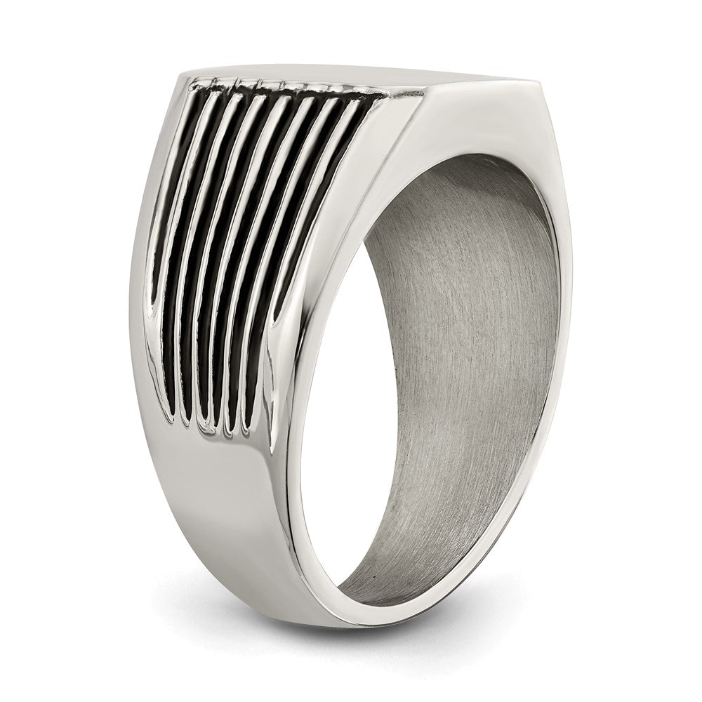 Alternate view of the Men's 13mm Stainless Steel & Black Enamel Grooved Tapered Signet Ring by The Black Bow Jewelry Co.