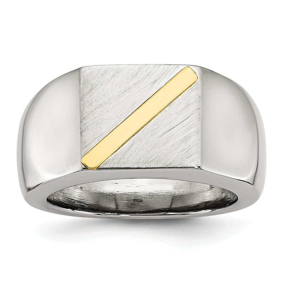 Men's Stainless Steel & 14K Gold Accent Stripe Signet Tapered Ring, Item R11723 by The Black Bow Jewelry Co.
