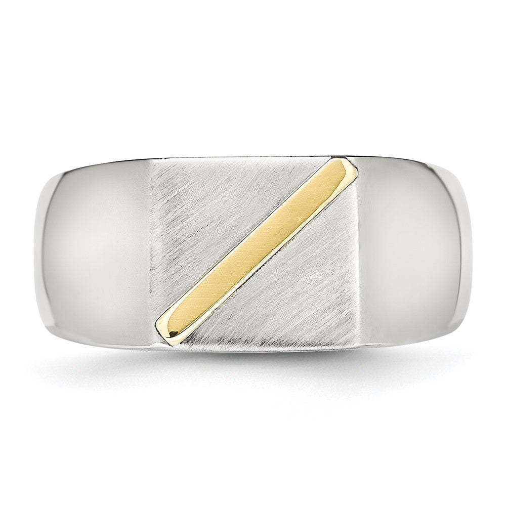 Alternate view of the Men's Stainless Steel & 14K Gold Accent Stripe Signet Tapered Ring by The Black Bow Jewelry Co.