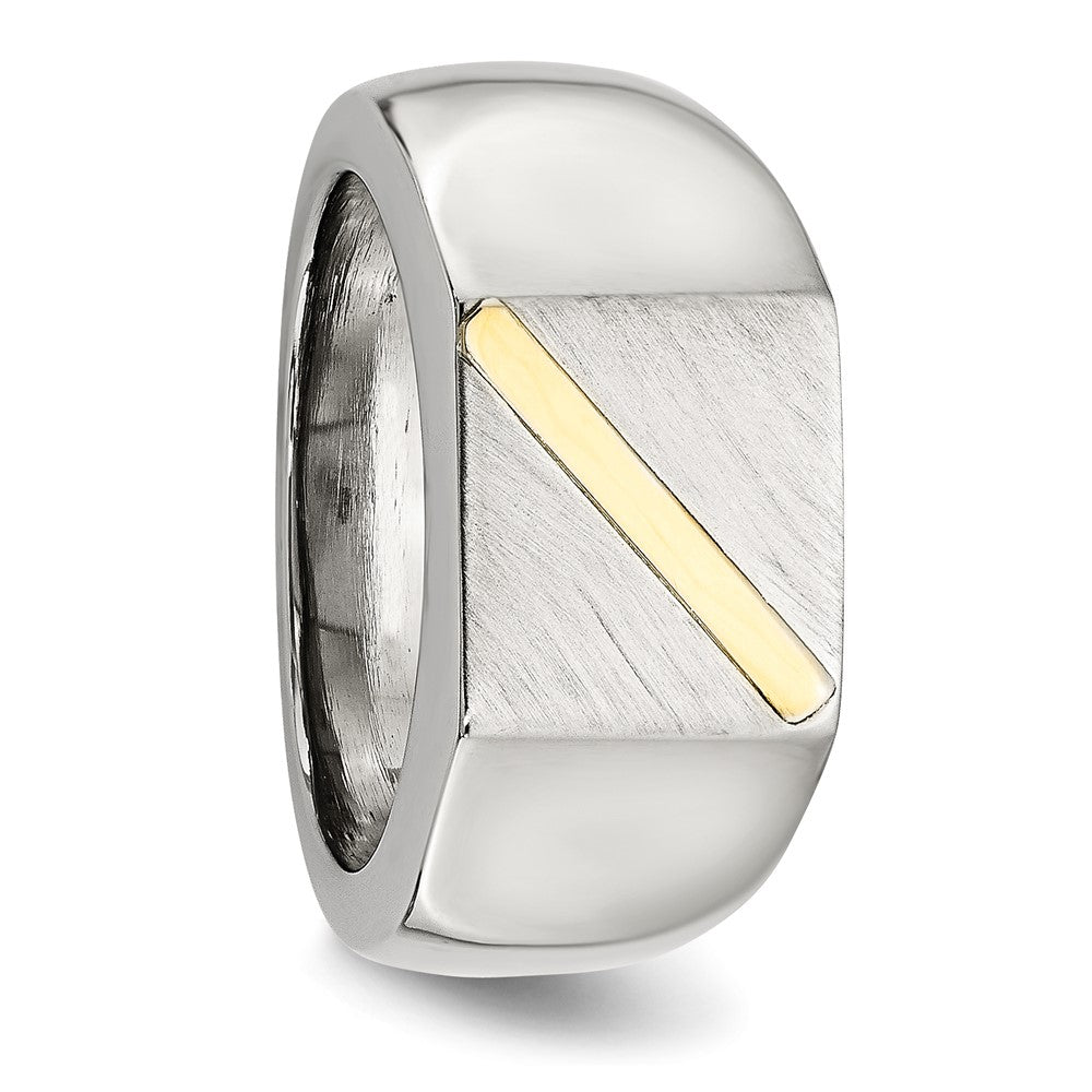 Alternate view of the Men's Stainless Steel & 14K Gold Accent Stripe Signet Tapered Ring by The Black Bow Jewelry Co.