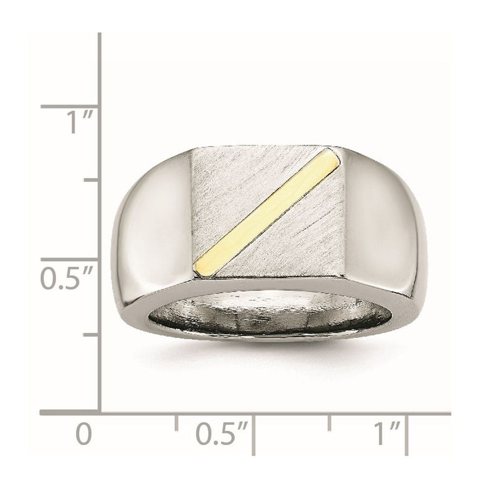 Alternate view of the Men's Stainless Steel & 14K Gold Accent Stripe Signet Tapered Ring by The Black Bow Jewelry Co.