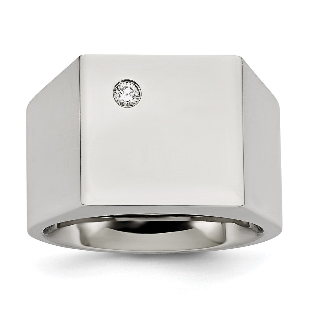 Men's 14mm Stainless Steel & CZ Polished Signet Tapered Ring, Item R11724 by The Black Bow Jewelry Co.