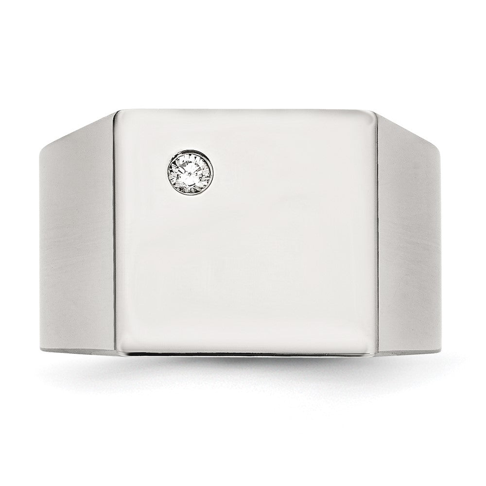 Alternate view of the Men's 14mm Stainless Steel & CZ Polished Signet Tapered Ring by The Black Bow Jewelry Co.