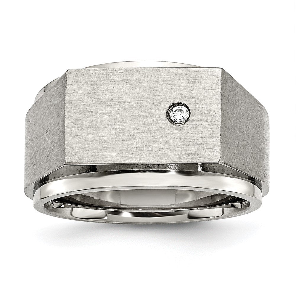 Men&#39;s 14mm Stainless Steel &amp; CZ Brushed/Polished Signet Tapered Ring, Item R11725 by The Black Bow Jewelry Co.