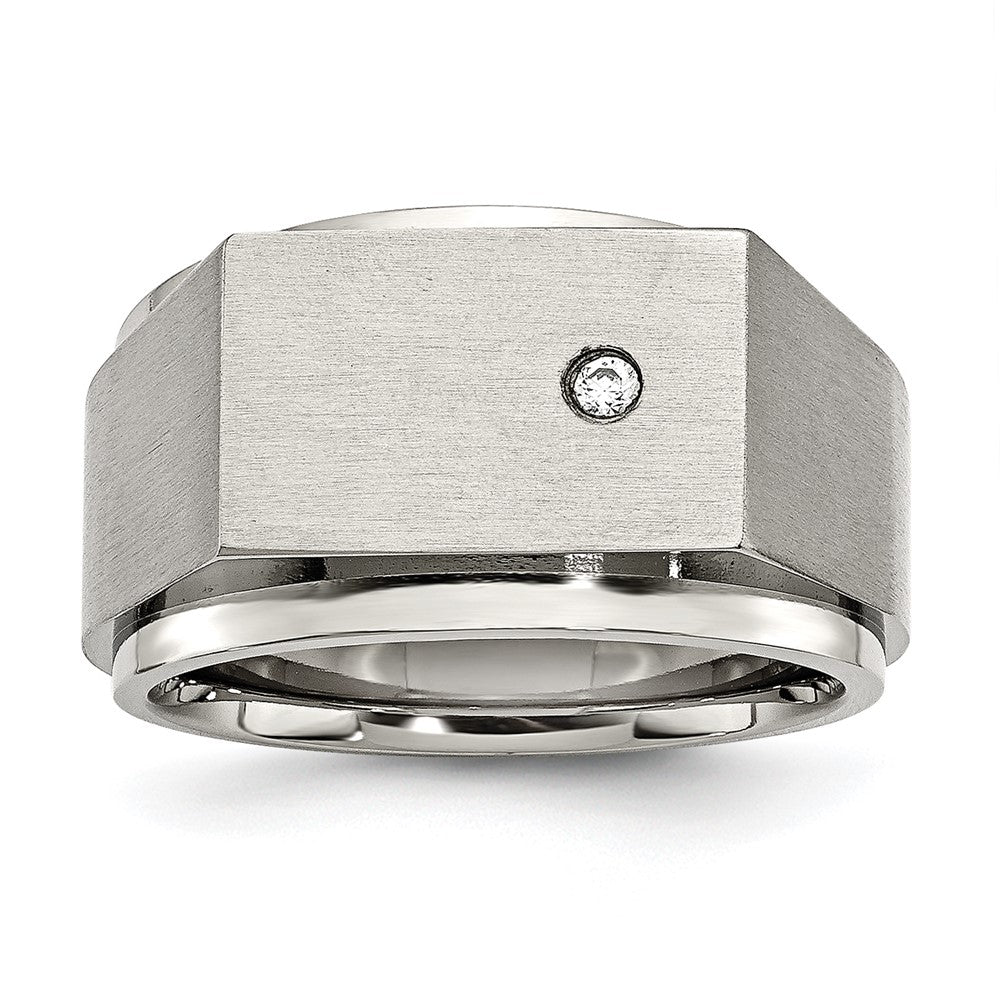 Men's 14mm Stainless Steel & CZ Brushed/Polished Signet Tapered Ring, Item R11725 by The Black Bow Jewelry Co.