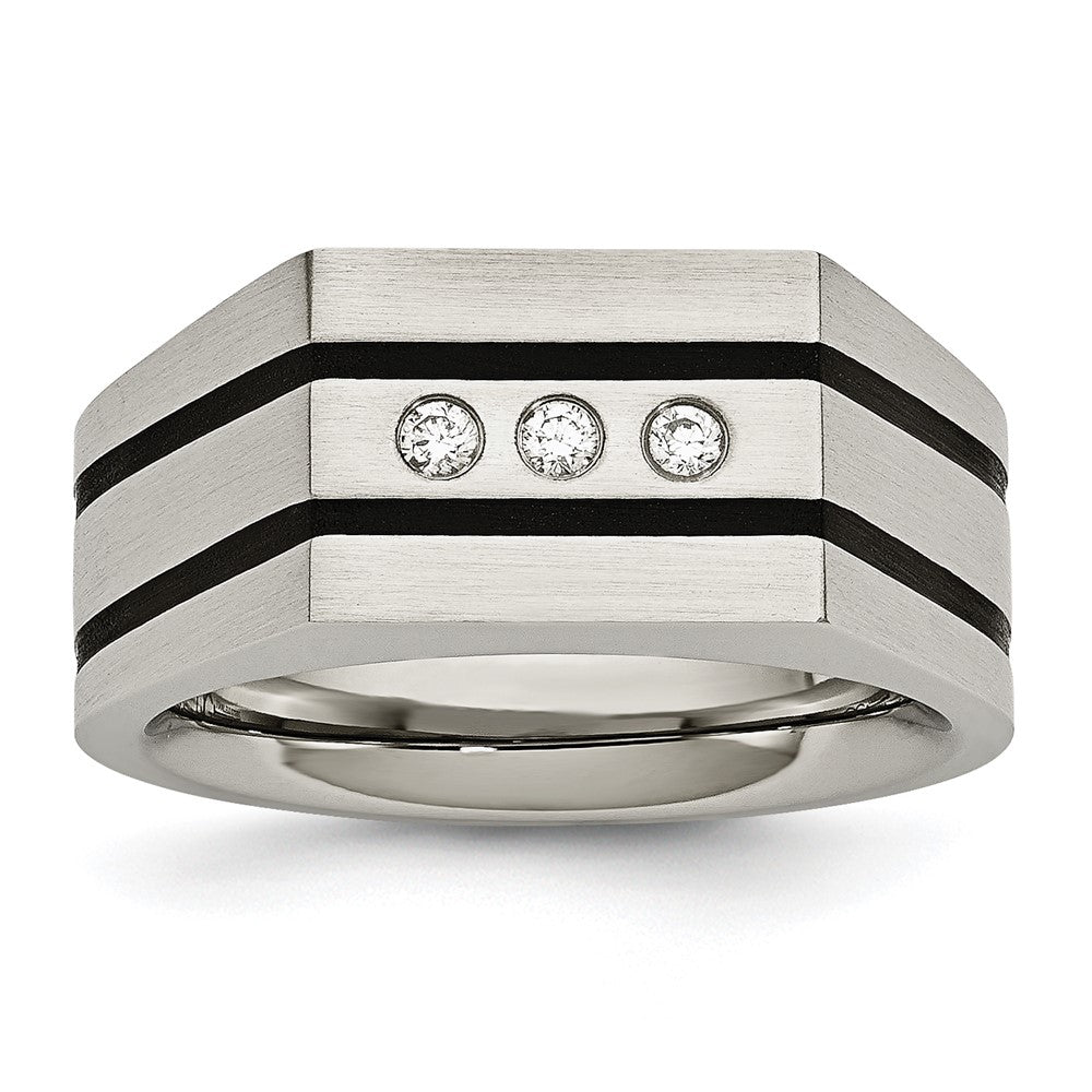 Men&#39;s 10mm Stainless Steel, Black Plated &amp; CZ Signet Tapered Ring, Item R11726 by The Black Bow Jewelry Co.