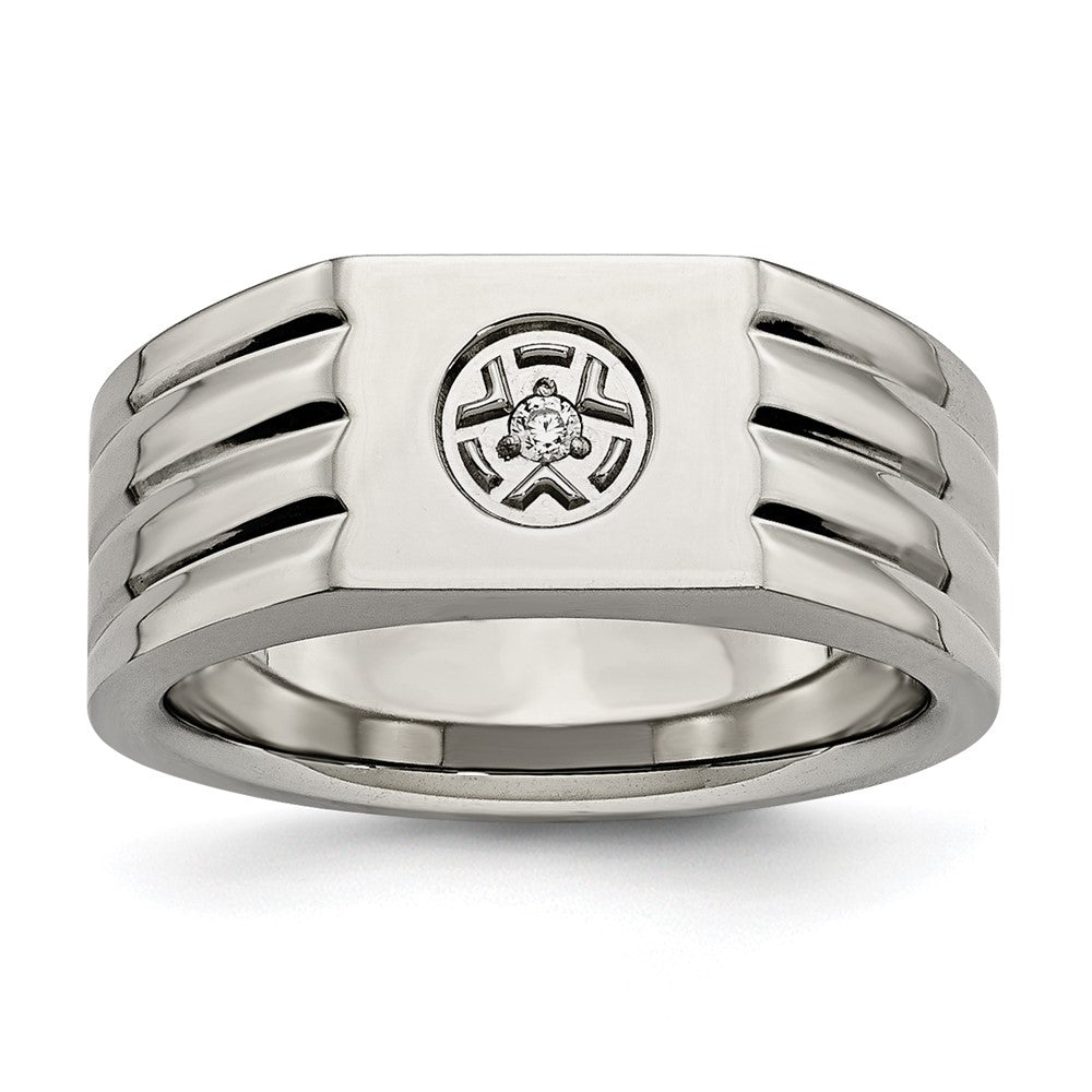 Men&#39;s 9mm Stainless Steel &amp; CZ Grooved Tapered Signet Ring, Item R11728 by The Black Bow Jewelry Co.