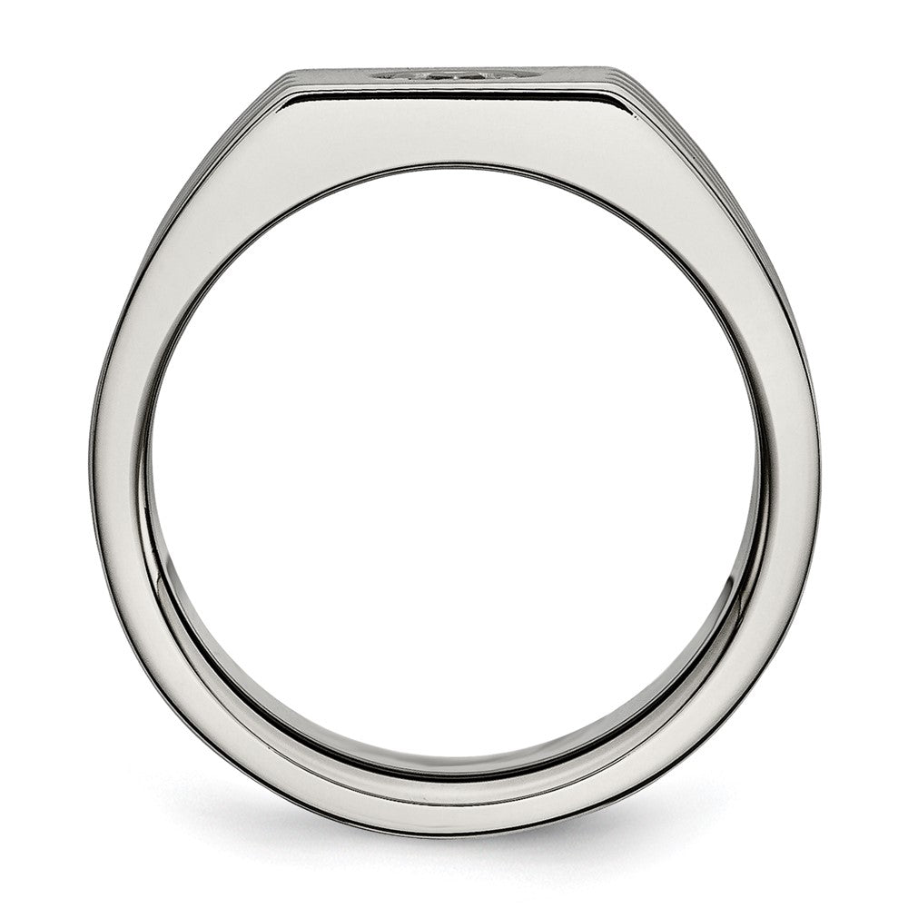 Alternate view of the Men&#39;s 9mm Stainless Steel &amp; CZ Grooved Tapered Signet Ring by The Black Bow Jewelry Co.