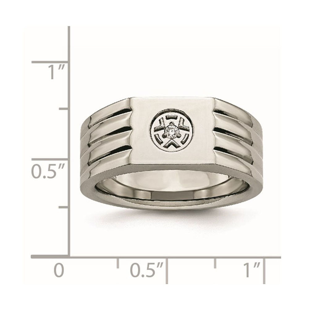 Alternate view of the Men&#39;s 9mm Stainless Steel &amp; CZ Grooved Tapered Signet Ring by The Black Bow Jewelry Co.