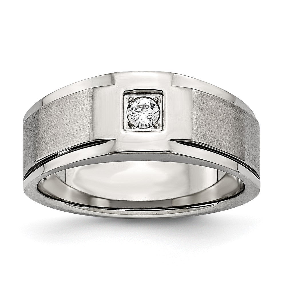 Men&#39;s 8mm Stainless Steel &amp; CZ Brushed &amp; Polished Tapered Ring, Item R11729 by The Black Bow Jewelry Co.
