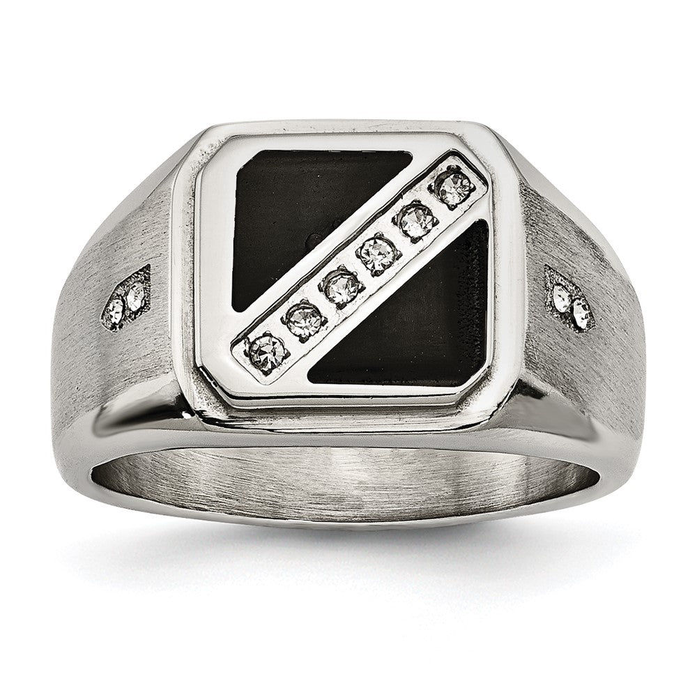Men&#39;s 13mm Stainless Steel Black Enamel &amp; CZ Tapered Ring, Item R11730 by The Black Bow Jewelry Co.