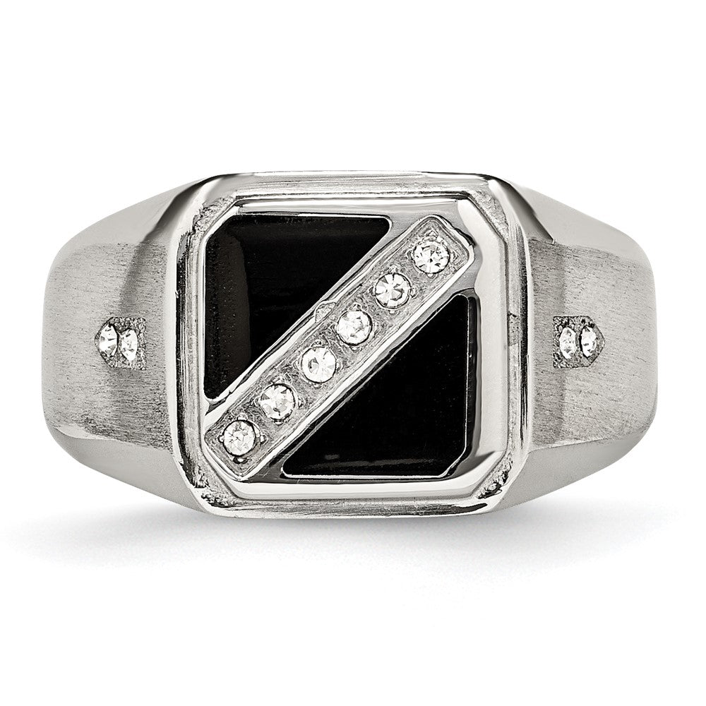 Alternate view of the Men&#39;s 13mm Stainless Steel Black Enamel &amp; CZ Tapered Ring by The Black Bow Jewelry Co.