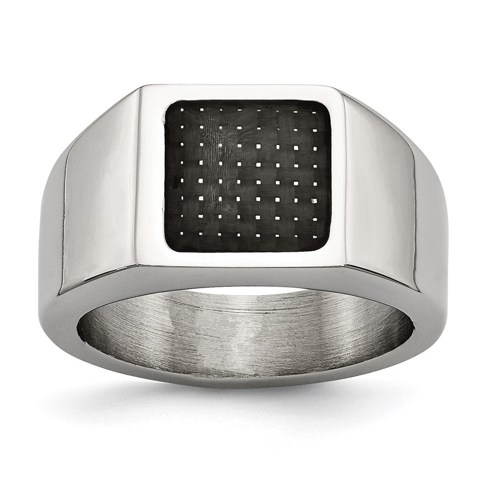 Men's 11mm Stainless Steel & Black Carbon Fiber Signet Tapered Ring, Item R11731 by The Black Bow Jewelry Co.