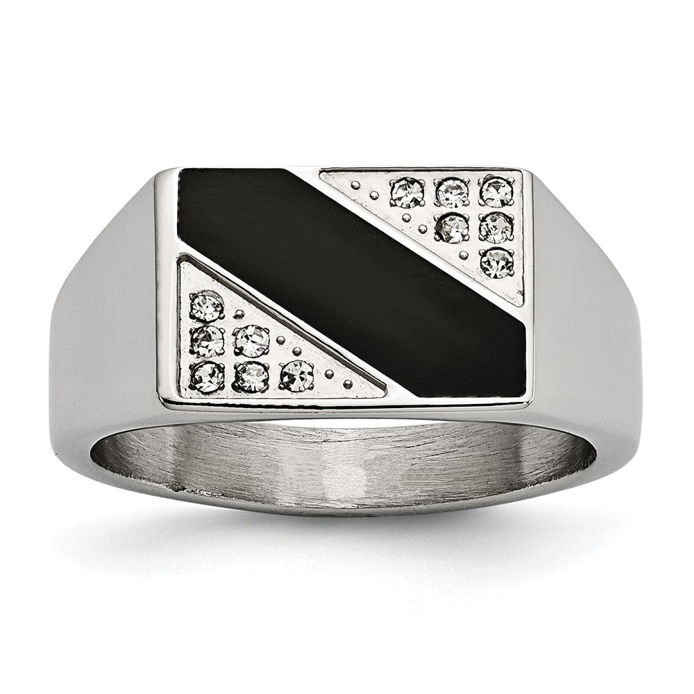 Men&#39;s 9mm Stainless Steel Black Enamel &amp; CZ Tapered Signet Ring, Item R11732 by The Black Bow Jewelry Co.