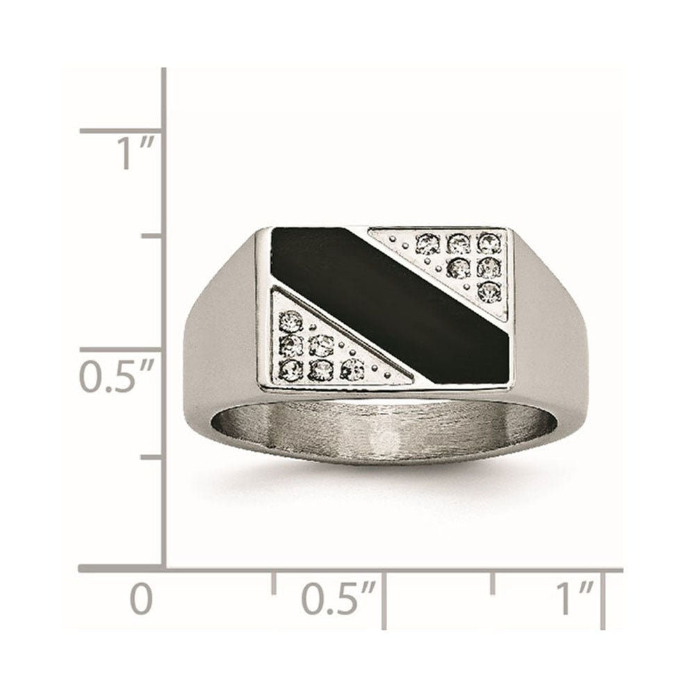 Alternate view of the Men&#39;s 9mm Stainless Steel Black Enamel &amp; CZ Tapered Signet Ring by The Black Bow Jewelry Co.