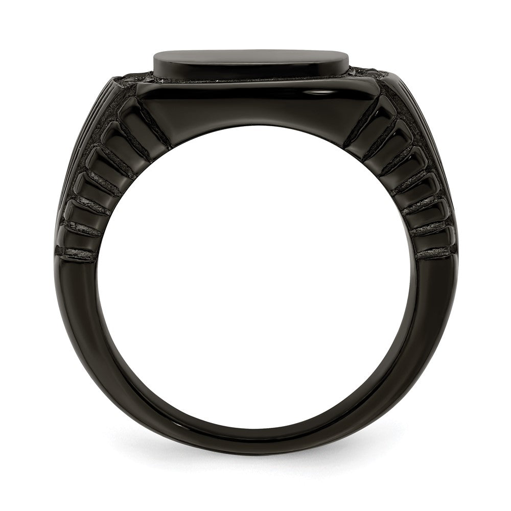 Alternate view of the Men&#39;s 12mm Black Plated Stainless Steel &amp; Black CZ Signet Tapered Ring by The Black Bow Jewelry Co.