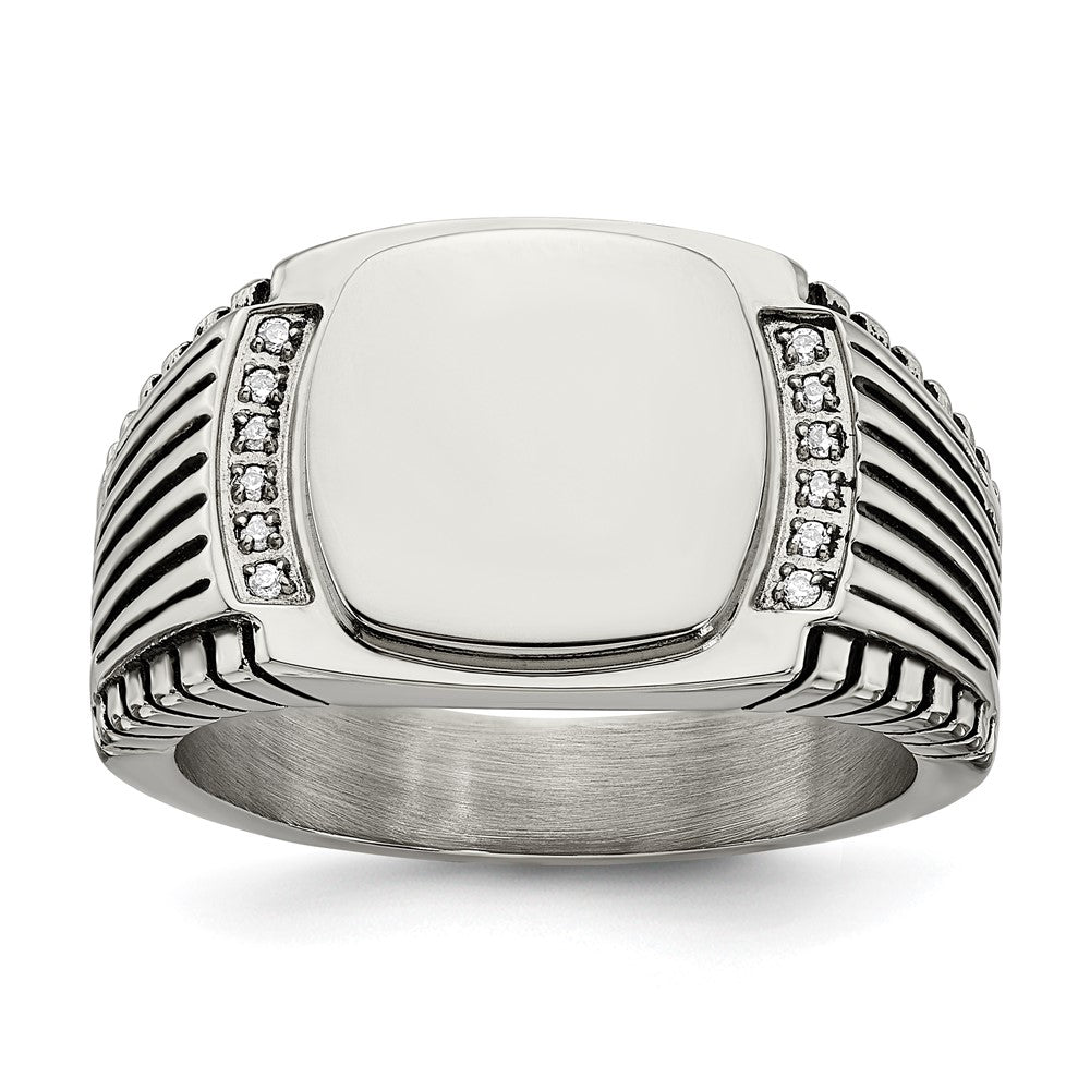 Men&#39;s 12mm Stainless Steel &amp; CZ Polished/Antiqued Tapered Ring, Item R11734 by The Black Bow Jewelry Co.
