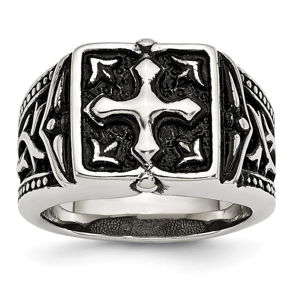 Men&#39;s 13mm Stainless Steel Antiqued Cross Tapered Ring, Item R11735 by The Black Bow Jewelry Co.
