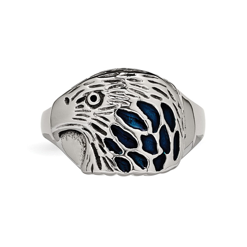 Alternate view of the Men's 15mm Stainless Steel Blue Enamel Eagle Tapered Ring by The Black Bow Jewelry Co.