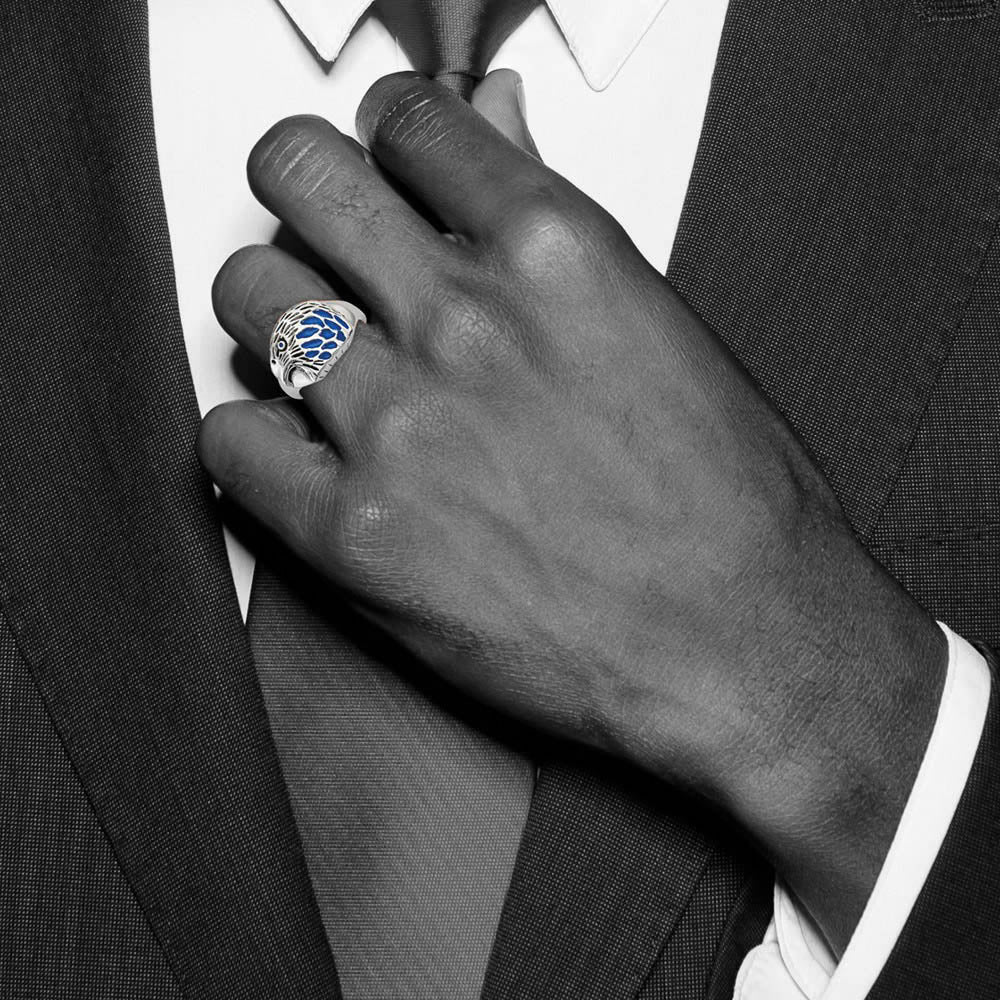 Alternate view of the Men's 15mm Stainless Steel Blue Enamel Eagle Tapered Ring by The Black Bow Jewelry Co.