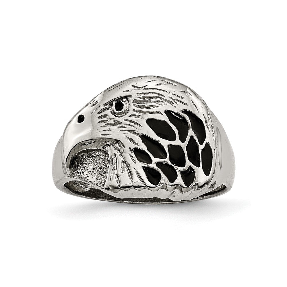 Men's 15mm Stainless Steel Black Enamel Eagle Tapered Ring, Item R11737 by The Black Bow Jewelry Co.