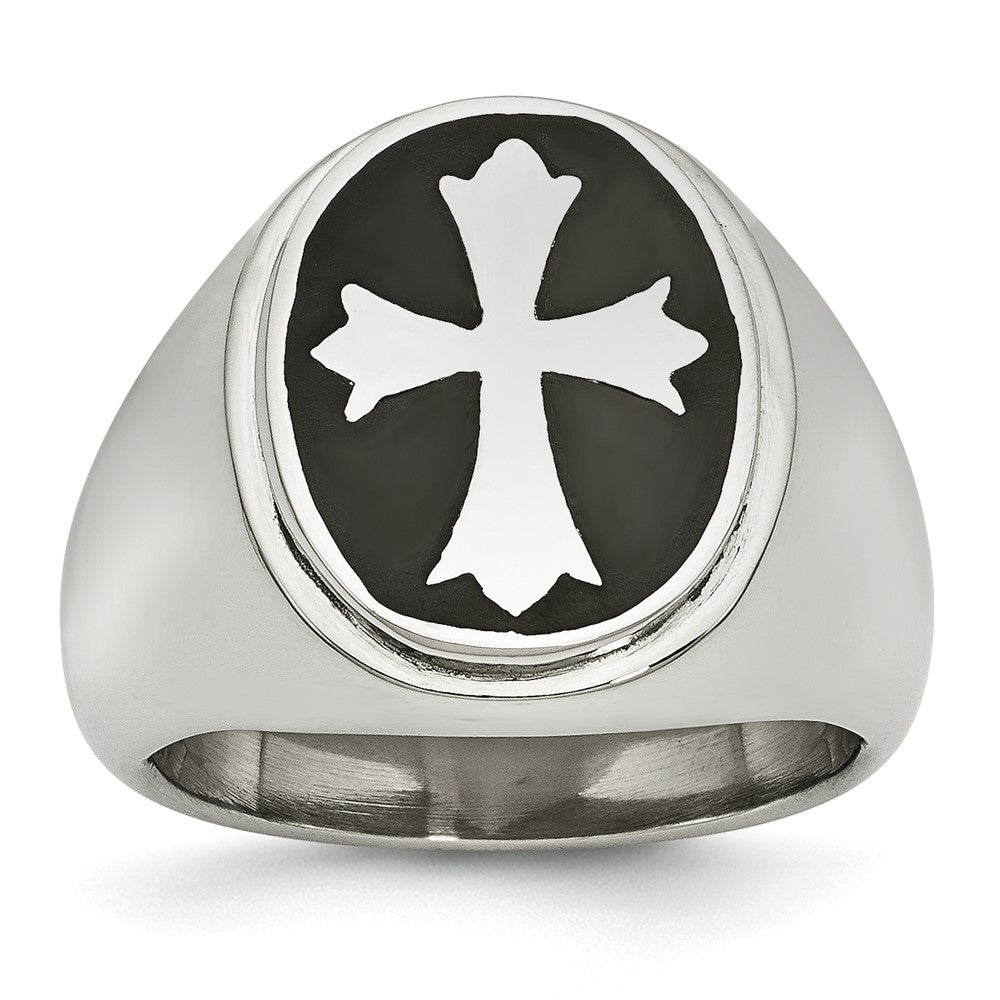 Men&#39;s 18mm Stainless Steel &amp; Black Enamel Cross Tapered Ring, Item R11738 by The Black Bow Jewelry Co.