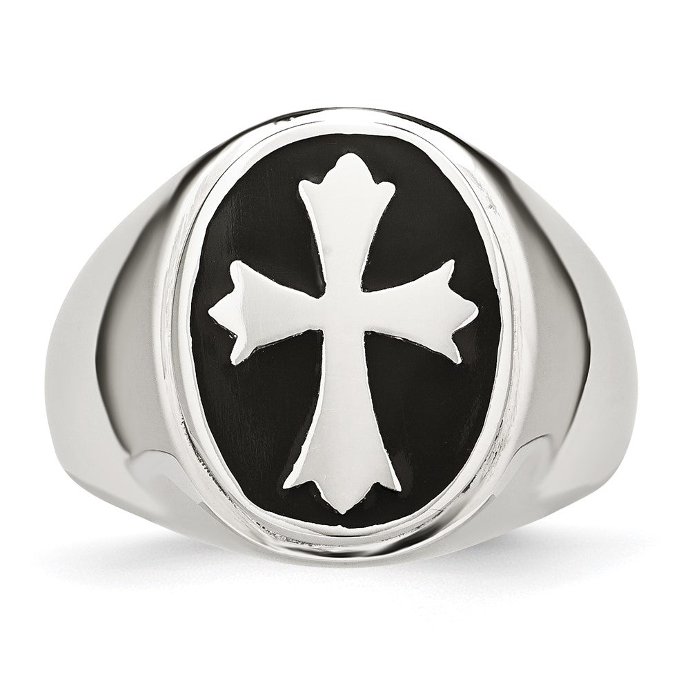 Alternate view of the Men&#39;s 18mm Stainless Steel &amp; Black Enamel Cross Tapered Ring by The Black Bow Jewelry Co.