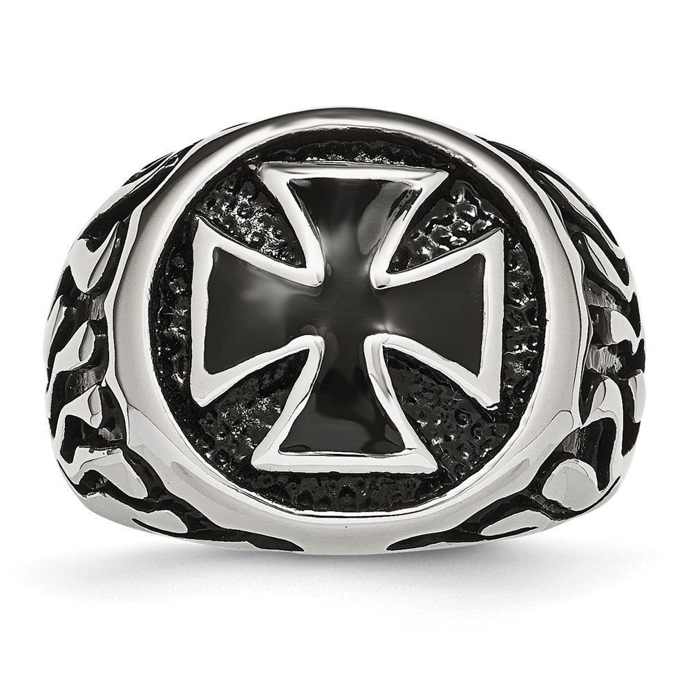 Alternate view of the Men&#39;s 17mm Stainless Steel &amp; Black Plated Maltese Cross Tapered Ring by The Black Bow Jewelry Co.