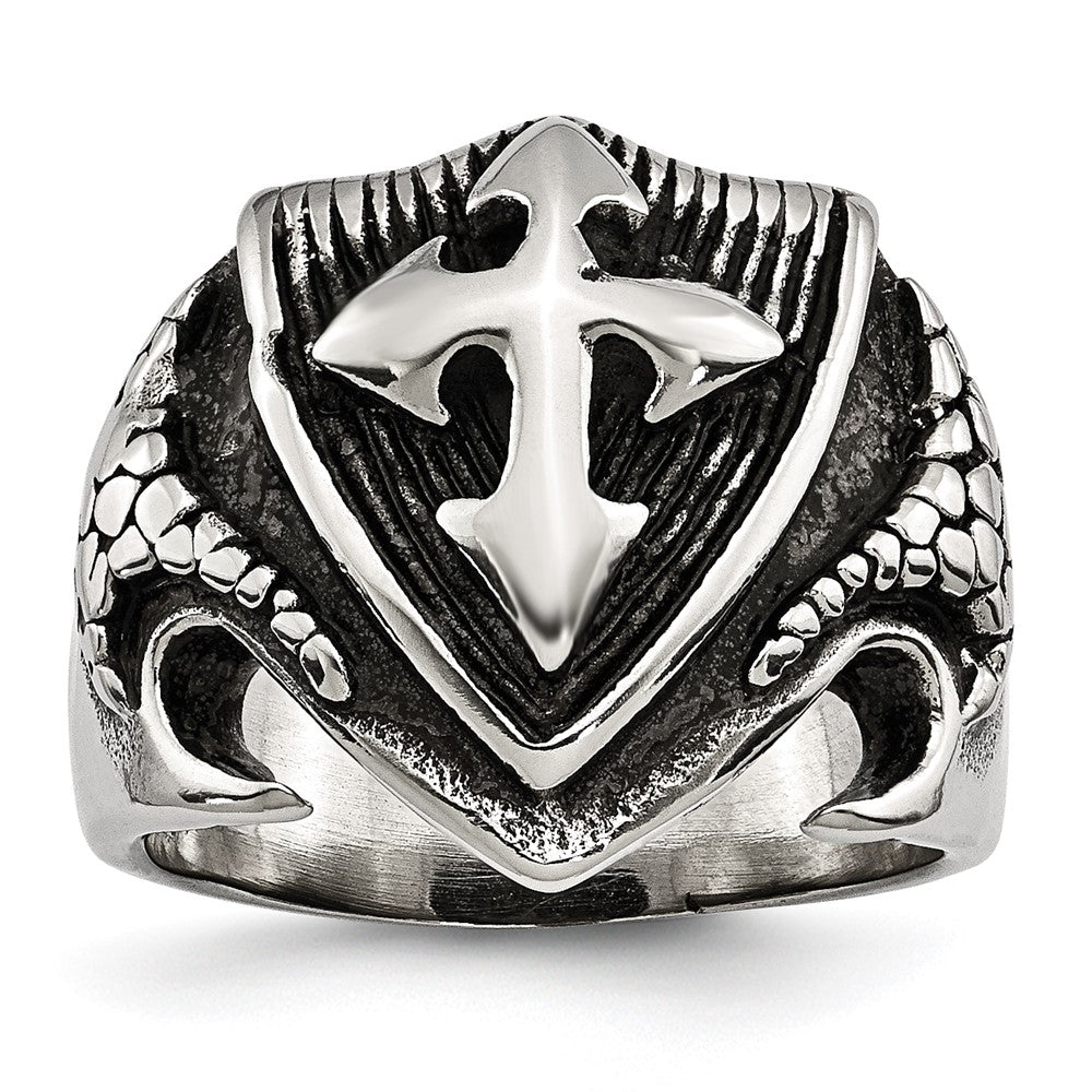 Men&#39;s 20mm Stainless Steel Antiqued Shield Cross Tapered Ring, Item R11740 by The Black Bow Jewelry Co.