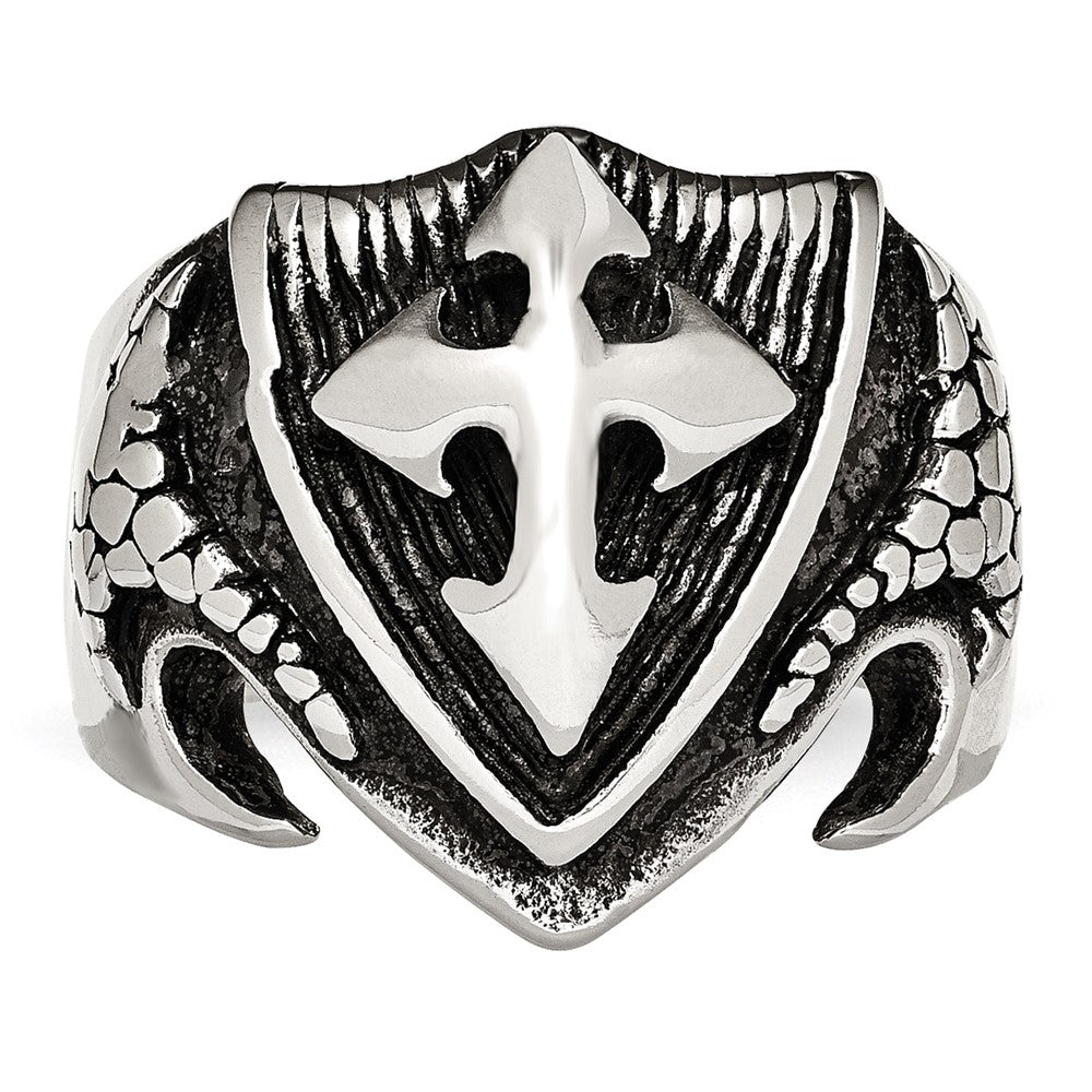 Alternate view of the Men&#39;s 20mm Stainless Steel Antiqued Shield Cross Tapered Ring by The Black Bow Jewelry Co.