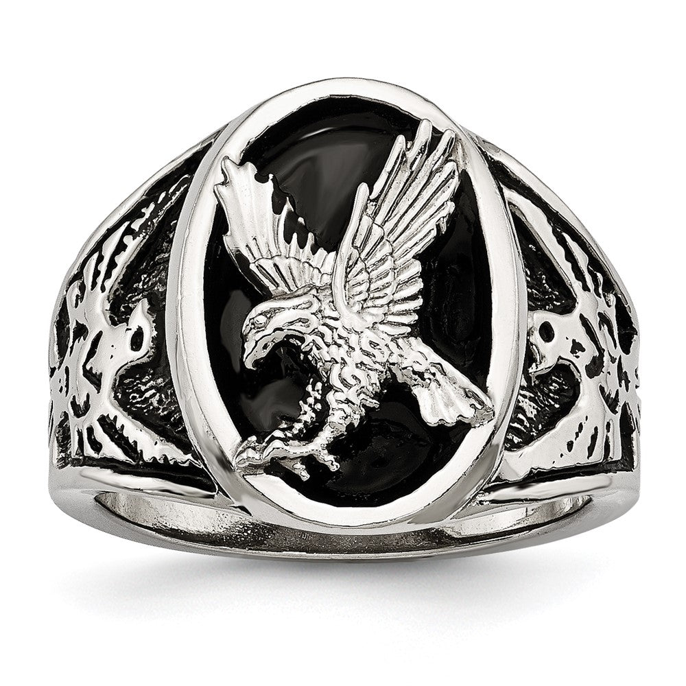 Men&#39;s 19mm Stainless Steel Black Enamel Textured Eagle Ring, Item R11741 by The Black Bow Jewelry Co.