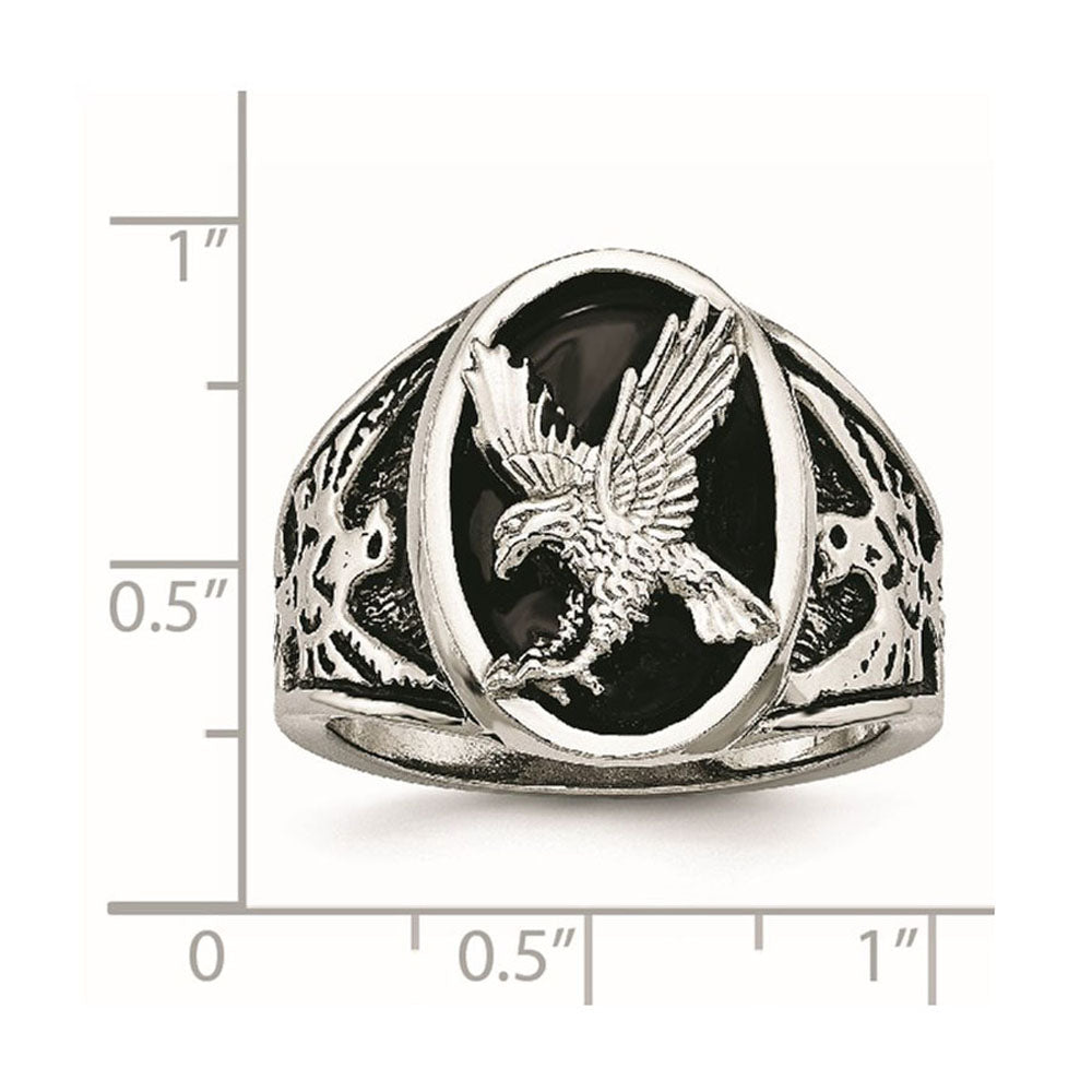 Alternate view of the Men&#39;s 19mm Stainless Steel Black Enamel Textured Eagle Ring by The Black Bow Jewelry Co.