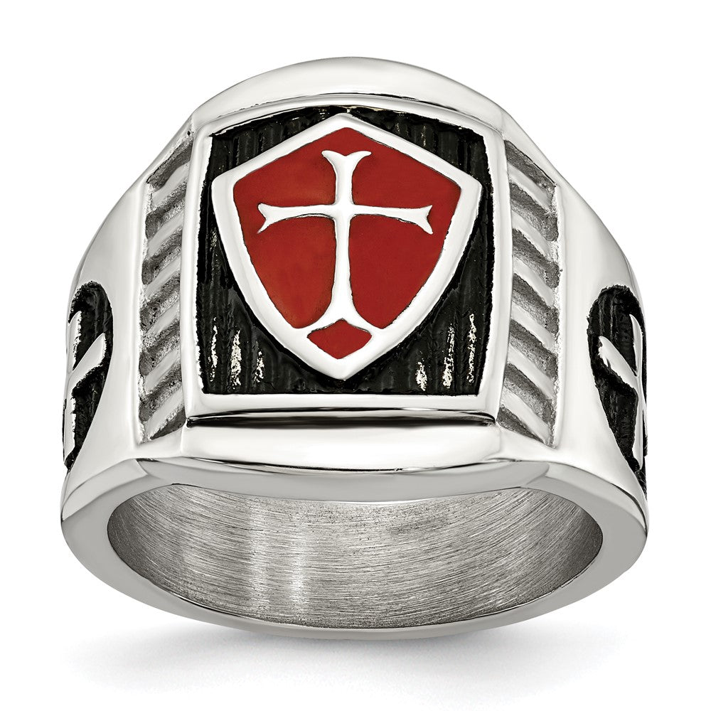 Men&#39;s 19mm Stainless Steel Red Enamel Cross Shield Tapered Ring, Item R11743 by The Black Bow Jewelry Co.