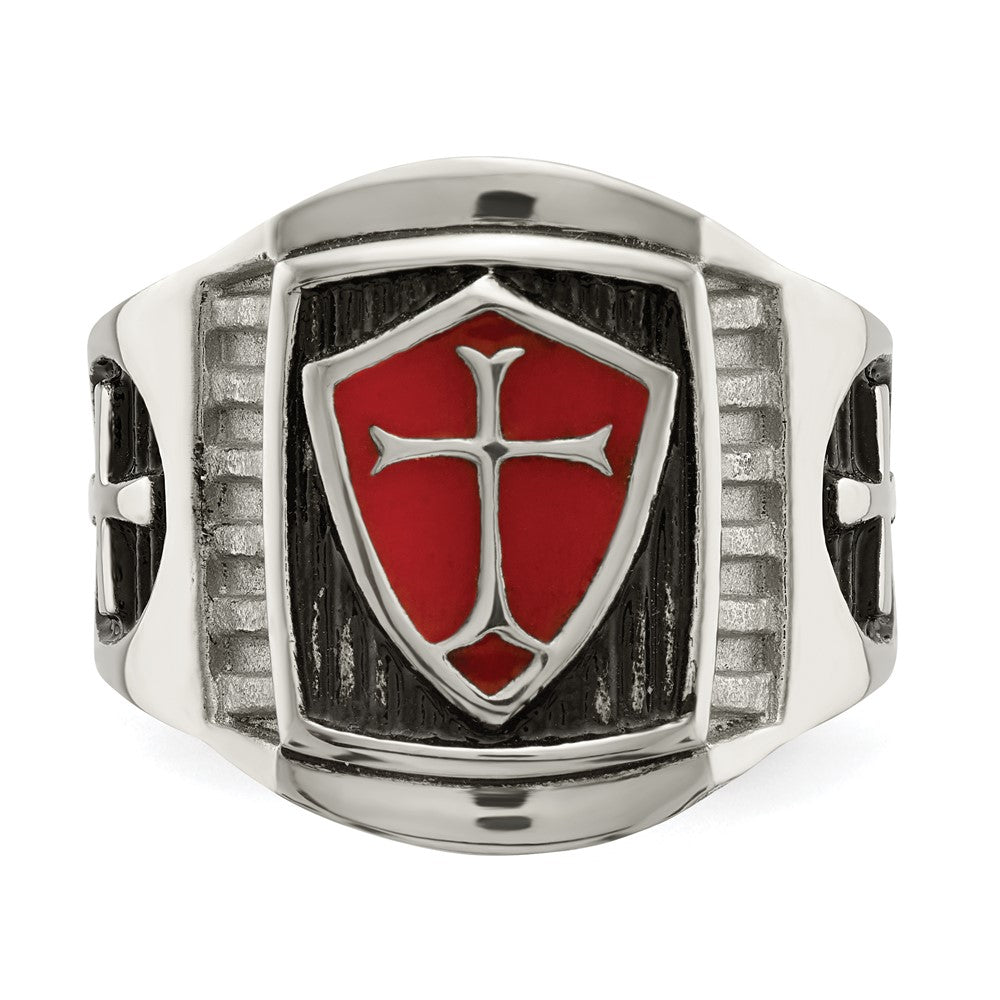 Alternate view of the Men&#39;s 19mm Stainless Steel Red Enamel Cross Shield Tapered Ring by The Black Bow Jewelry Co.