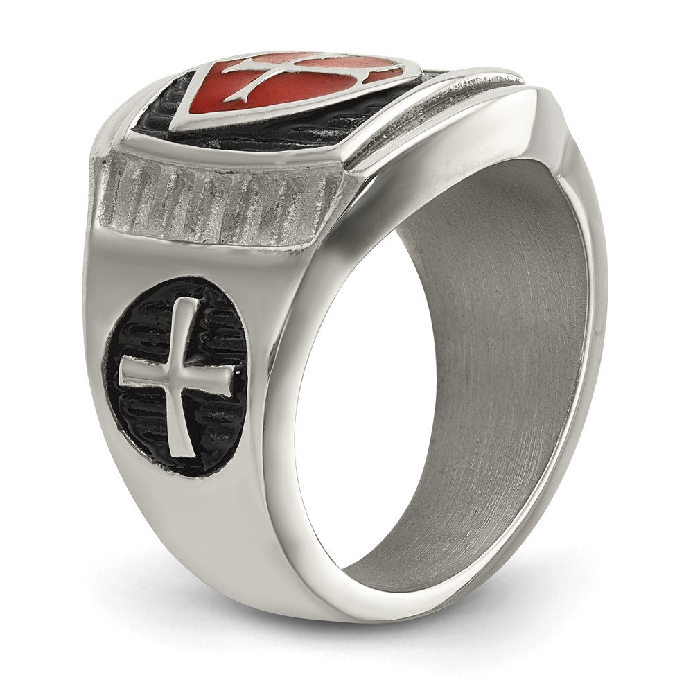 Alternate view of the Men&#39;s 19mm Stainless Steel Red Enamel Cross Shield Tapered Ring by The Black Bow Jewelry Co.