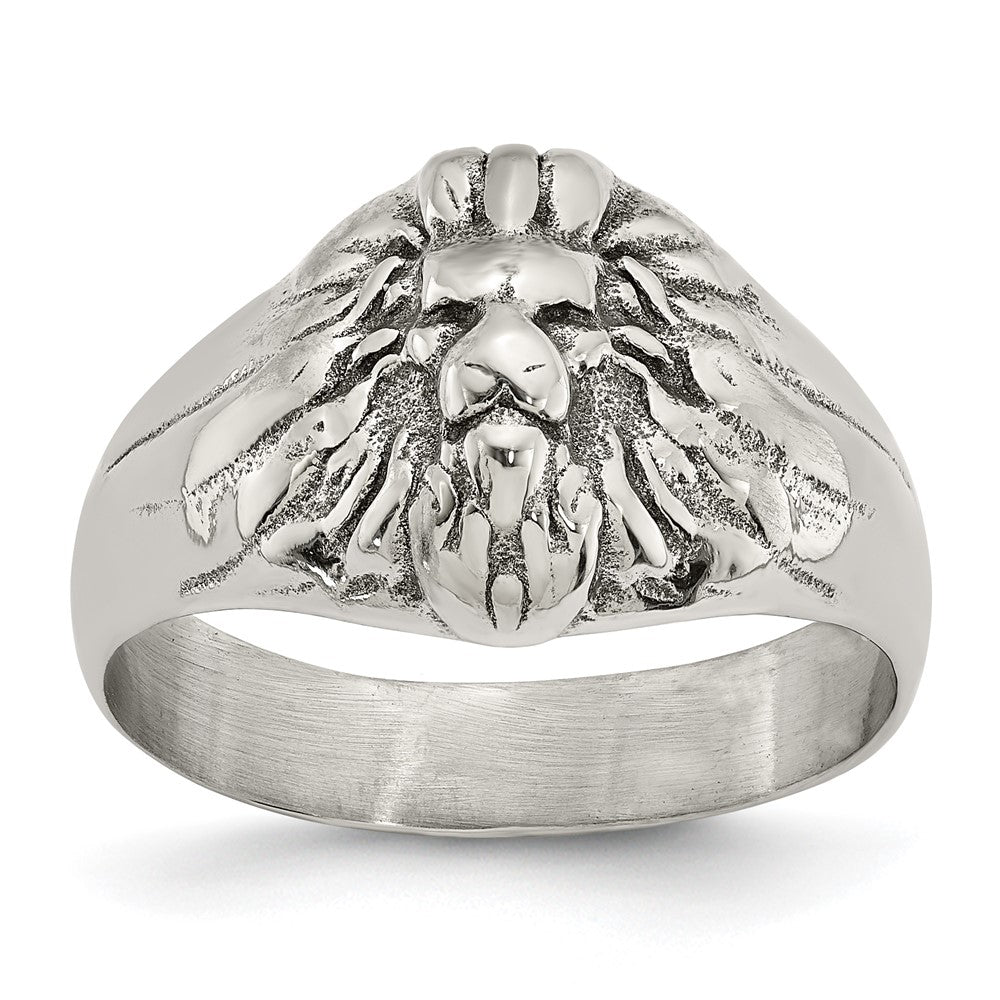 Men's 13mm Stainless Steel Antiqued Lion Head Tapered Ring, Item R11744 by The Black Bow Jewelry Co.