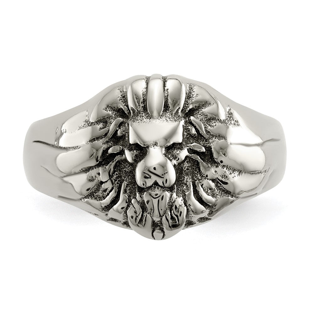 Alternate view of the Men's 13mm Stainless Steel Antiqued Lion Head Tapered Ring by The Black Bow Jewelry Co.