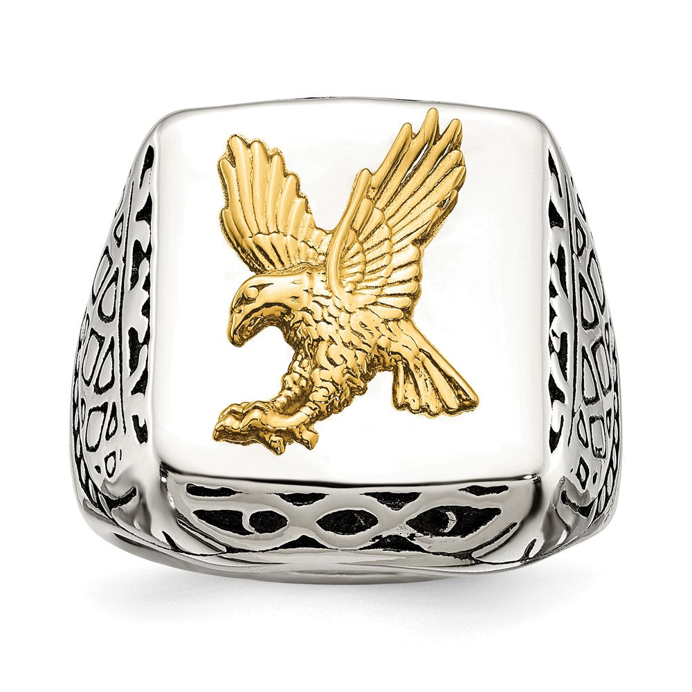 Men&#39;s 20mm Stainless Steel &amp; 14K Gold Accent Eagle Tapered Ring, Item R11745 by The Black Bow Jewelry Co.