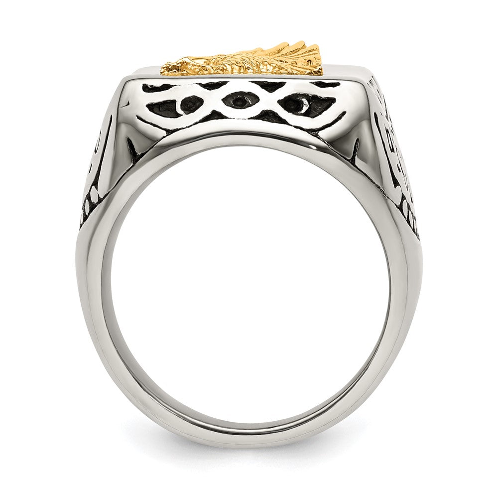 Alternate view of the Men&#39;s 20mm Stainless Steel &amp; 14K Gold Accent Eagle Tapered Ring by The Black Bow Jewelry Co.